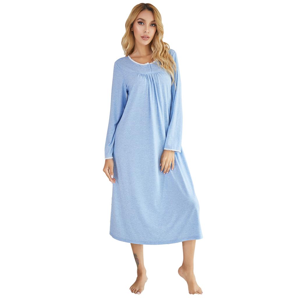 Autumn Cotton Blue Lace Patchwork Solid Long Sleepdress Homewear Women Casual Loose Nightgown Ladies Nightdress Woman Loungewear
