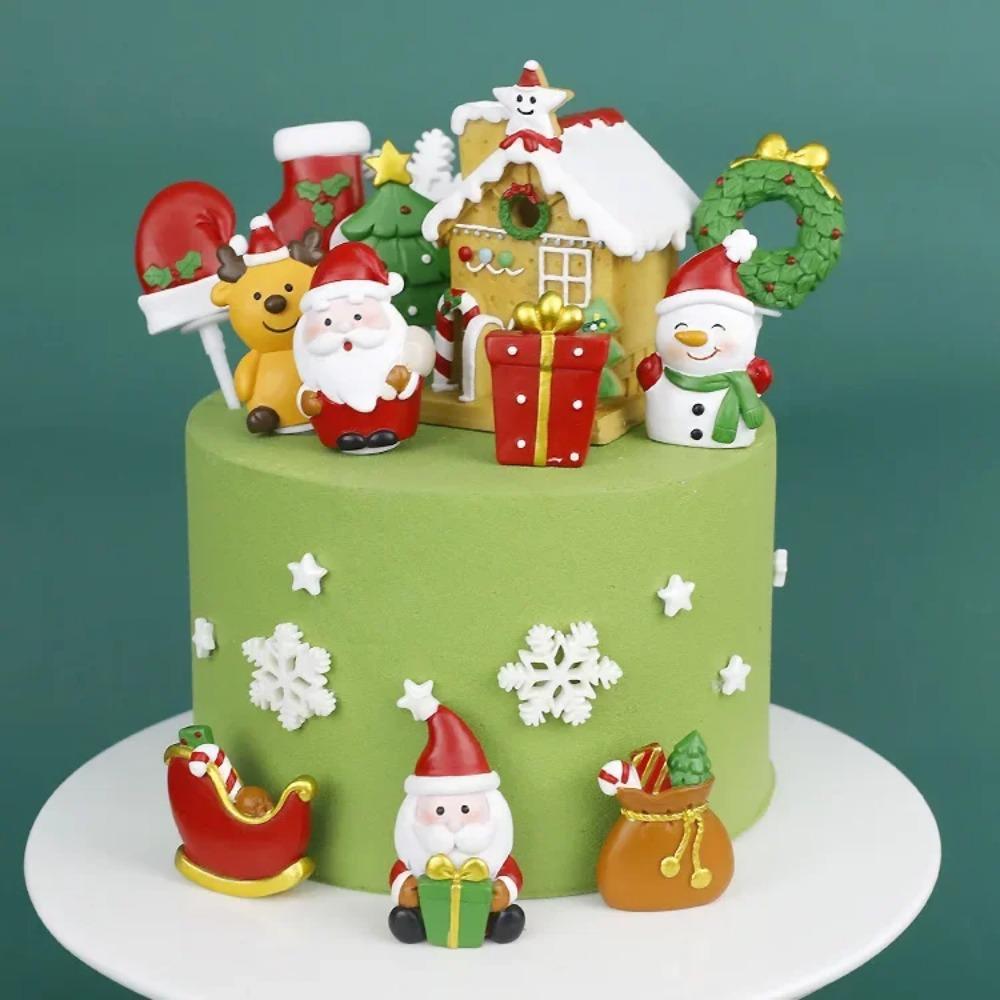 Christmas Cake Toppers Resin Santa Claus Cake Decor Xmas Small House Cupcake Dec Merry Christmas Decor For Home Happy New Year