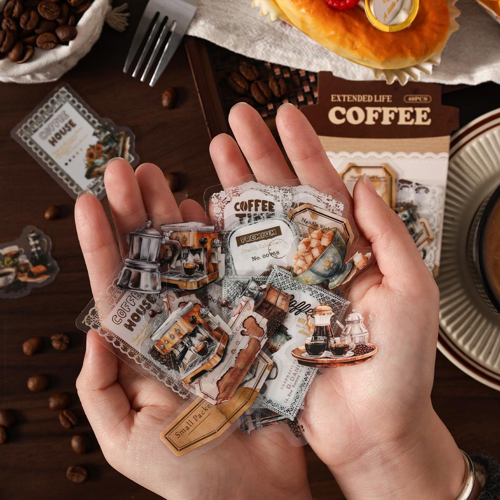 40pcs/pack lace coffee series creative retro aesthetic PET stickers DIY diary handmade scrapbook decorative stickers