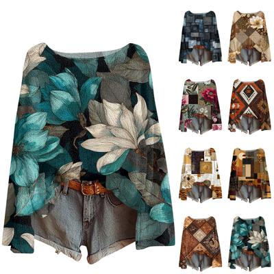 Женский легкий свитер повседневный с длинным рукавом вязаный винтажный с цветочным принтом пуловер