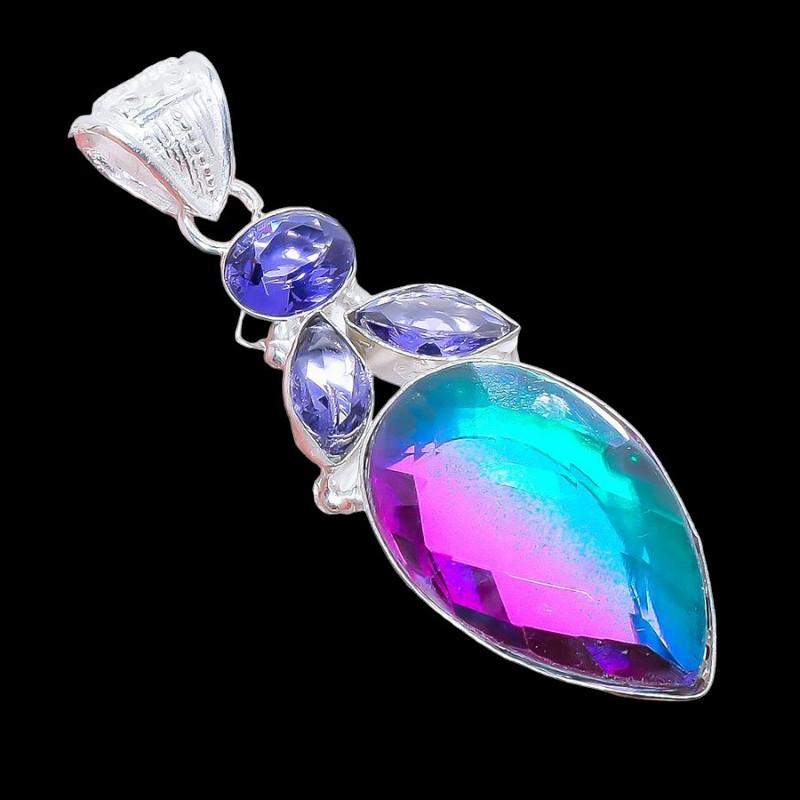 Bi-Color Tourmaline, Tanzanite 925 Sterling Silver Jewelry Pendant 2.5" AH-3299