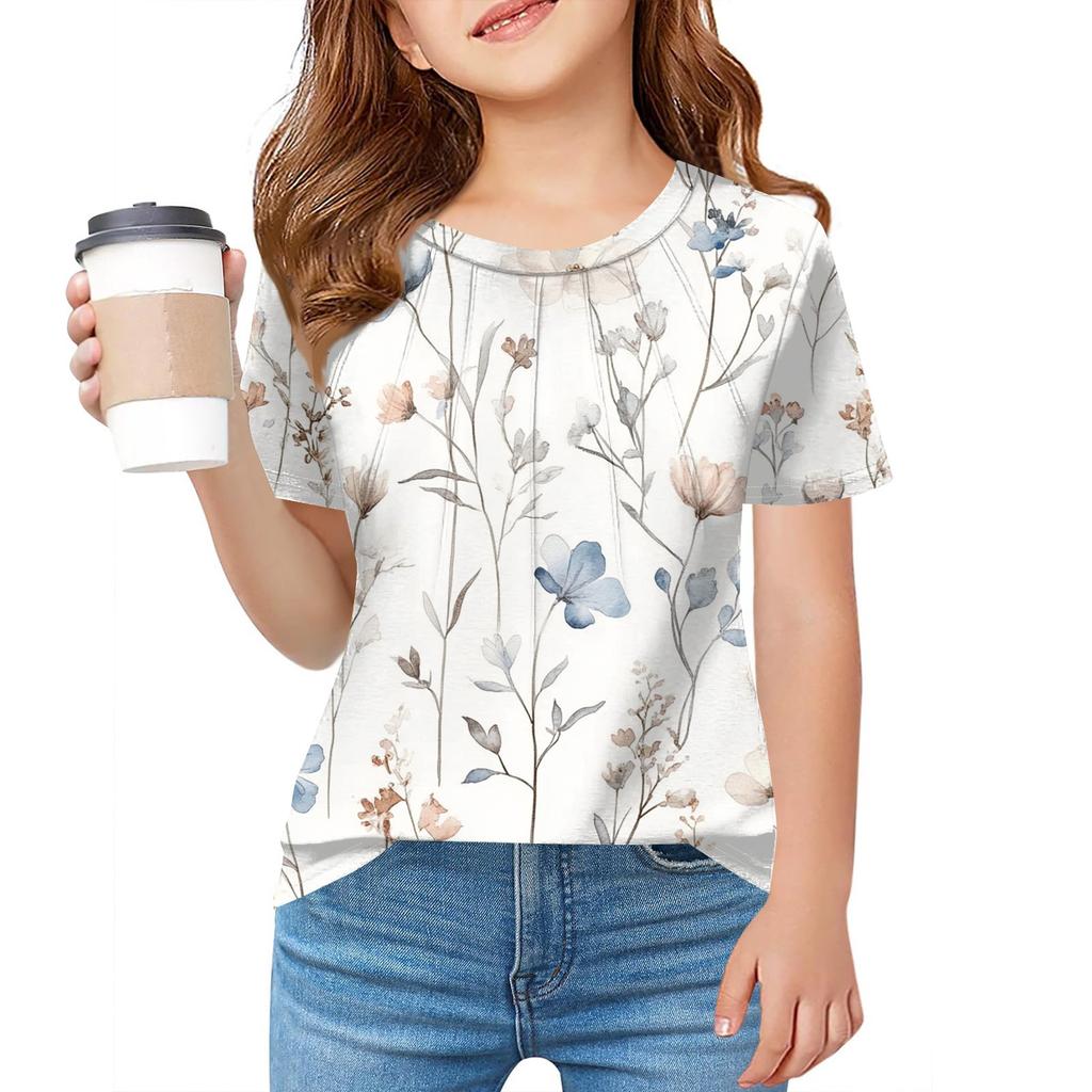 Детская футболка Fold A для девочек, летняя модная куртка с круглым воротником и цветочным принтом с короткими рукавами