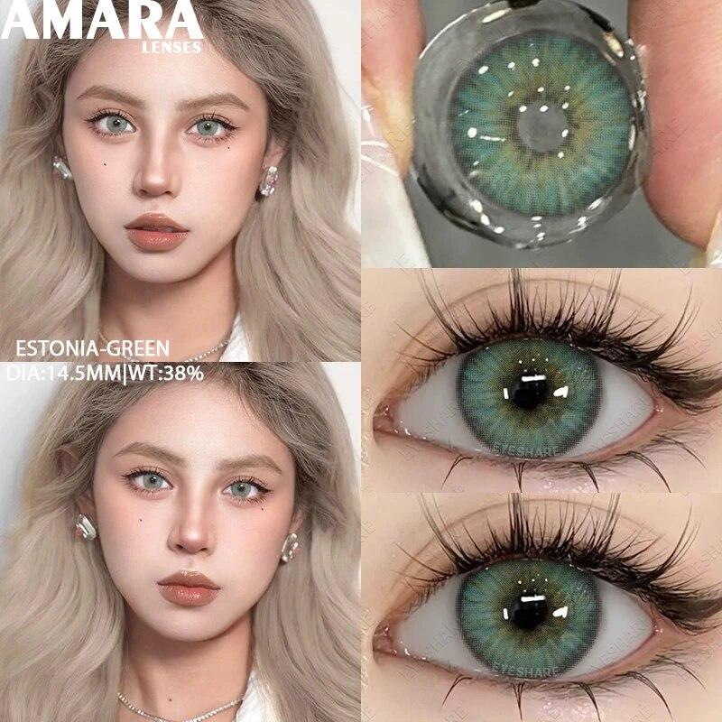 Цветные контактные линзы AMARA для глаз, голубые глаза, зеленые линзы, корейские модные серые линзы для больших глаз, линзы 14,5 мм, ежегодно, 2 шт./пара