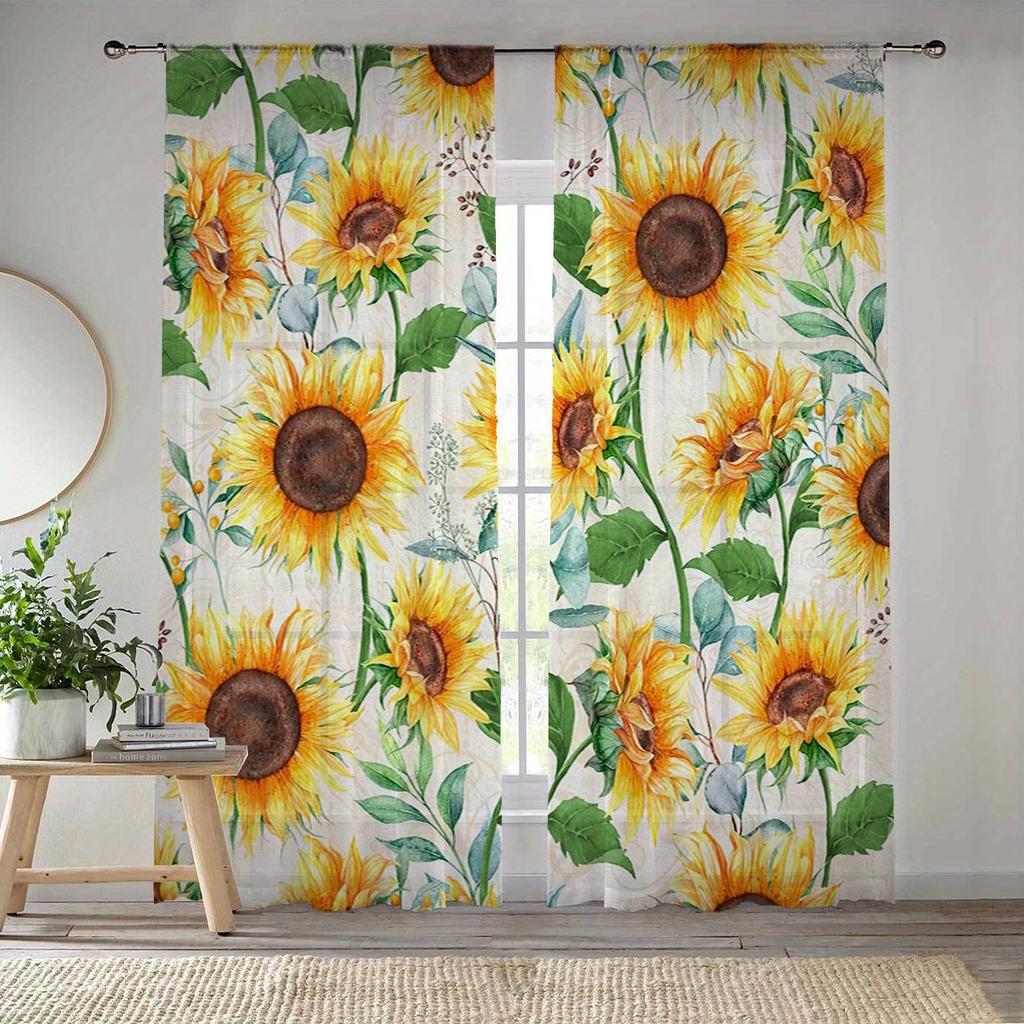 Modern Simplistic Style Sunflower Print Drapes for Living Room Bedroom Decor Rod Pocket Semi-Sheer for Windows Decorations