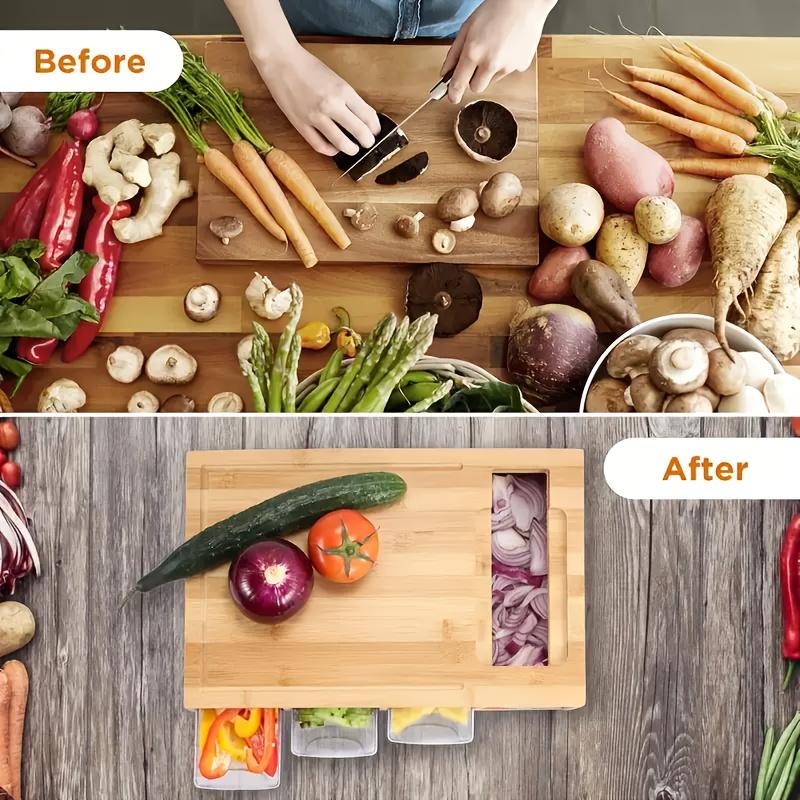 Многофункциональный кухонный органайзер из бамбука с выдвижным ящиком для разделочной доски и кухонных принадлежностей.