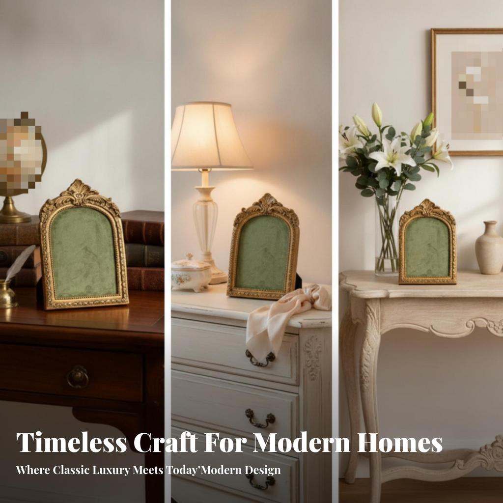 Classic Decorative Photo Frame Arch Shaped Golden Vintage Look for Office Wall