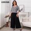 Plus Size Women's New Fashion Loose Casual Striped Top Wide Leg Trouser Suit