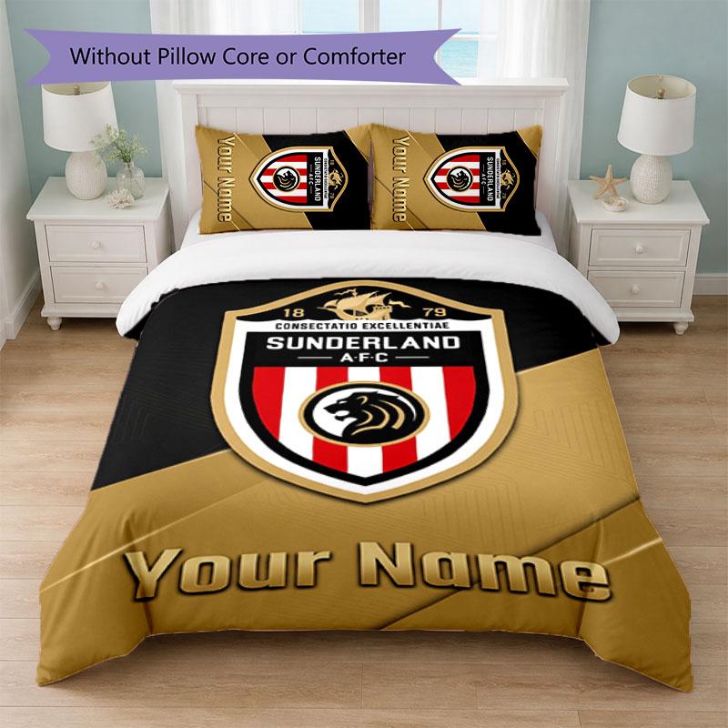 Sunderland FC Custom Name Text Bedding Set 1 Duvet Cover+2 Pillowcases Soccer Logo Personalized Gift For Special Occasion Bedroom Decor