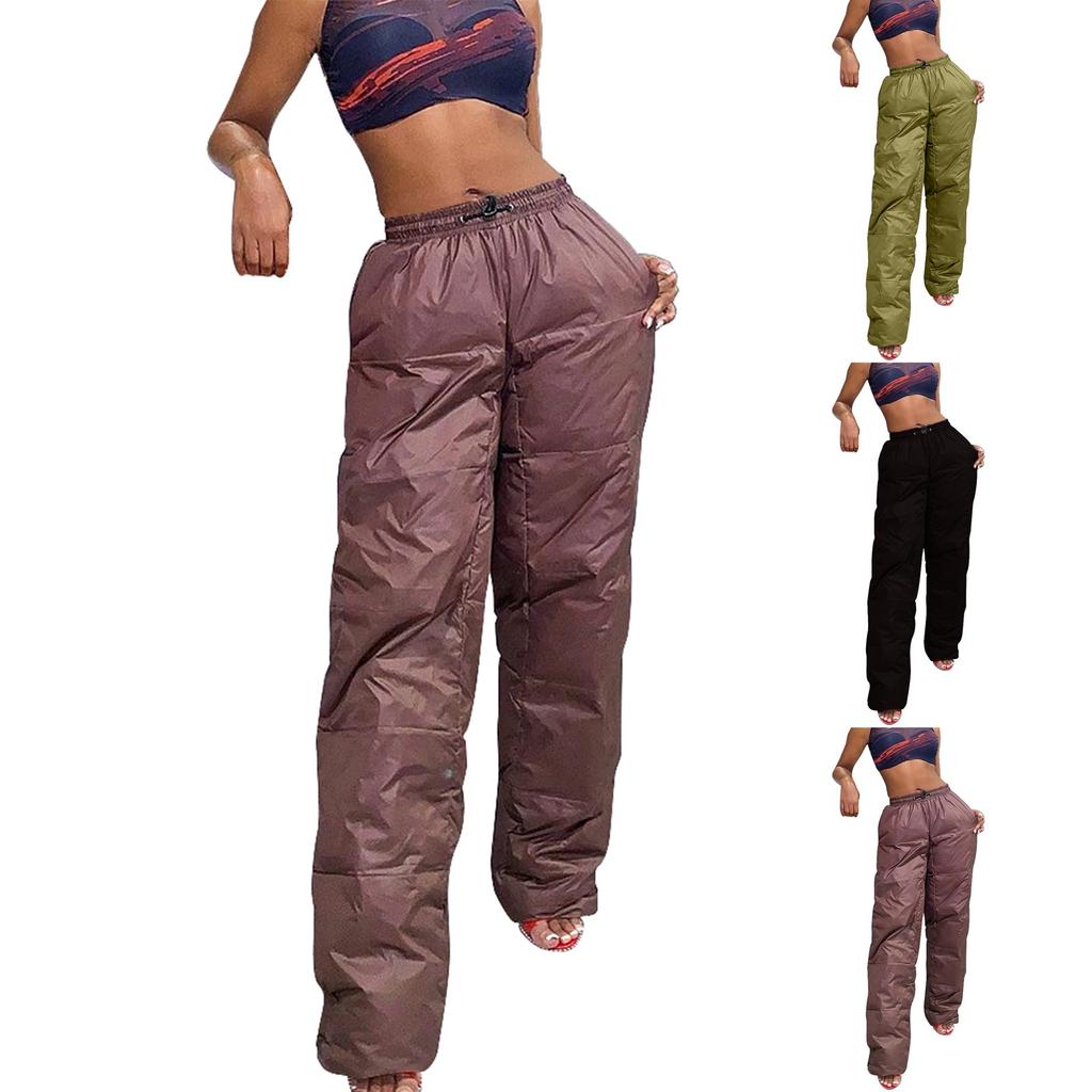 Women's Casual Solid Color Cotton Pants Warm Clip Cotton Drawstring Pocket Elastic Waist Cotton Pants