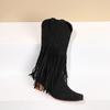 Women Western Cowboy Boots Block Medium Heels Tassel Fringe Kneehigh Boots Lady Winter Shoes