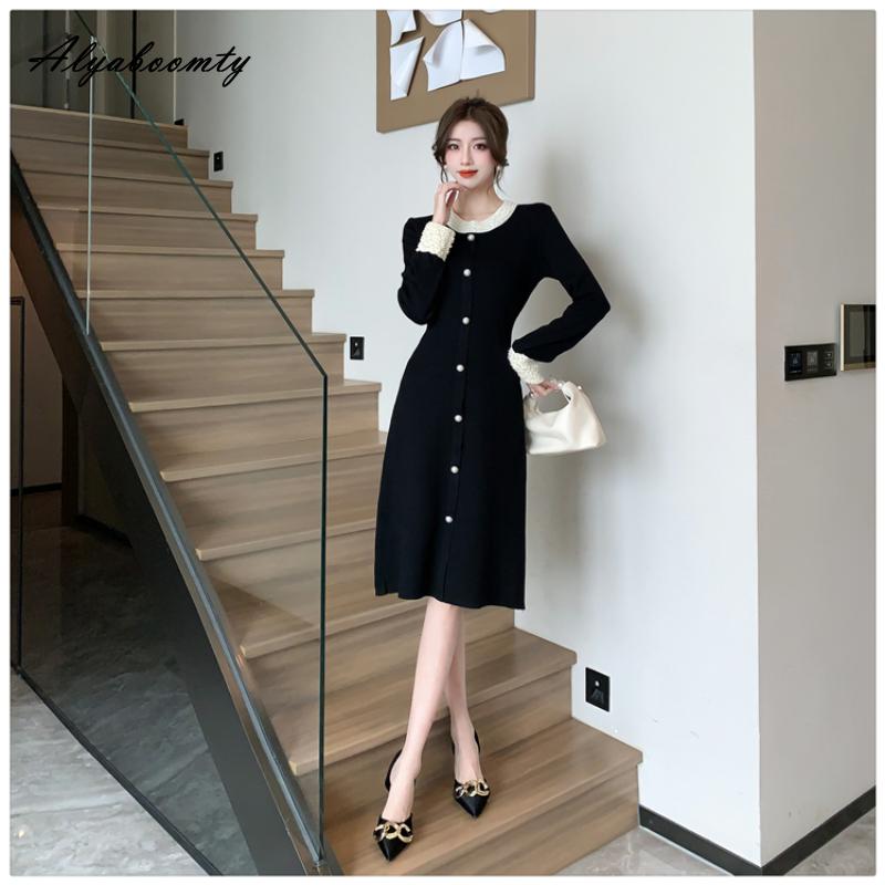 Осенне-зимнее женское черное платье-свитер с круглым вырезом, великолепное вязаное платье с бисером, роскошное праздничное трикотажное платье с нежным жемчугом