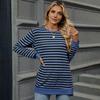 Женские топы с круглым вырезом, длинными рукавами, полосатым принтом, футболка с боковыми разрезами, средней длины, свободный крой, эластичная футболка