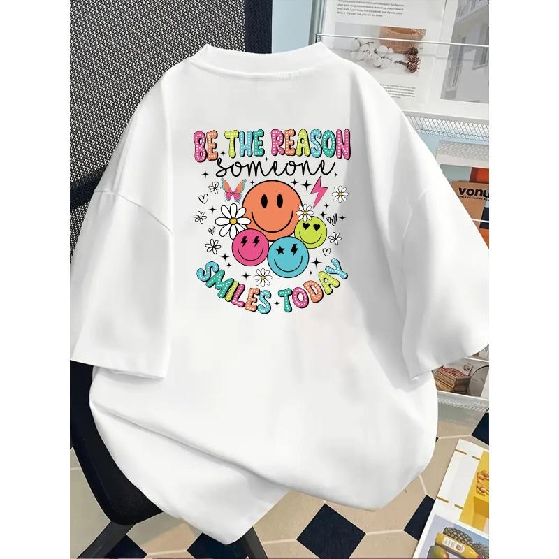 Женская футболка с принтом 'Улыбающееся лицо' и позитивной энергией, с круглым вырезом, коротким рукавом, дизайн с сердечками, весенний повседневный, игривый, модный топ