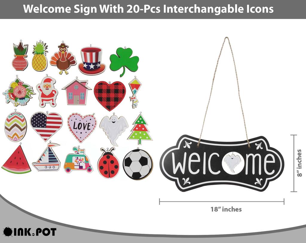 Inkdotpot Welcome Sign Front Door Decorations Hanging Rustic Wood Seasonal Holiday Ornaments Housewarming GiftWall Hanging 18" Inches