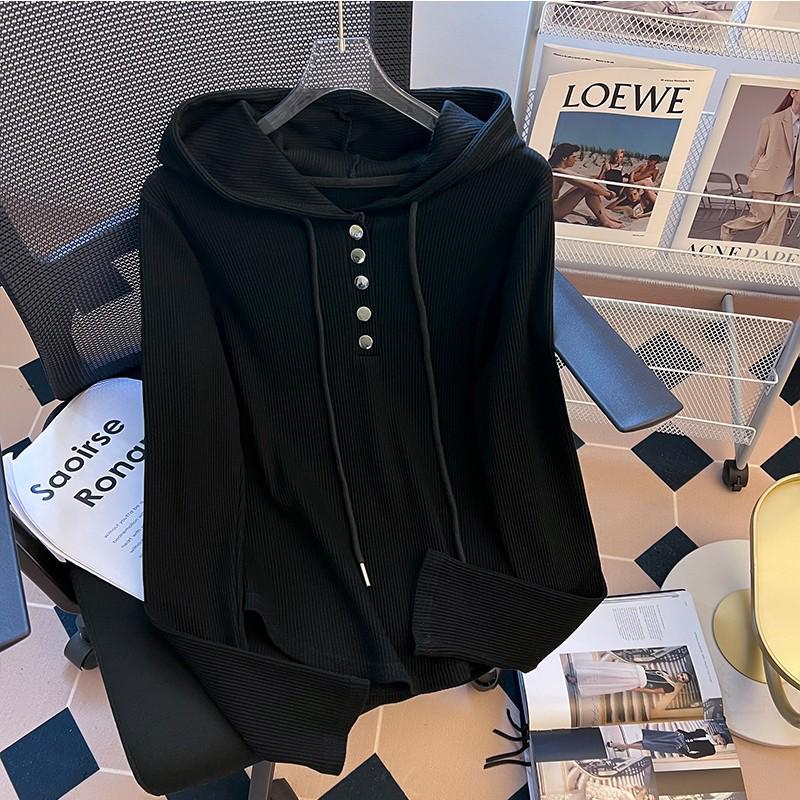 Plus Size 240 Jin Loose Fit Drawstring Hooded Long Sleeve Women's T-shirt - Spring/Autumn Slimming Base Top