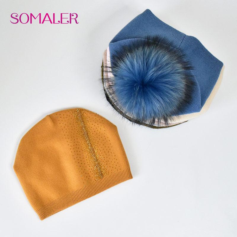 SOMALER Зимняя вязаная шапка с большим помпоном из натурального меха для женщин, теплые шерстяные шапки с украшением, модные вязаные шапки с черепом