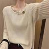Нежный ветер тонкий свитер длинный рукав осень круглый вырез пуловер чувство дизайна обнажение ключиц топ вязаный свитер