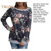 Women Tops Round Neck Raglan Long Sleeve Pullover Tops Flower Print Patchwork Color Mid-length Tee Shirt