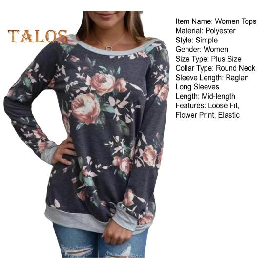 Women Tops Round Neck Raglan Long Sleeve Pullover Tops Flower Print Patchwork Color Mid-length Tee Shirt