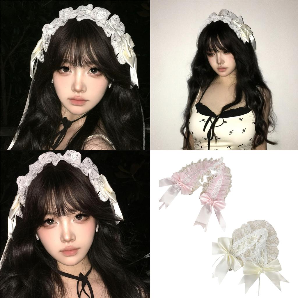 Subculture Lace Trim Hairband Anime Costume Hairband for Women Girl Party Headwrap Y2K Sweet Lace Bowknot Wide Headband