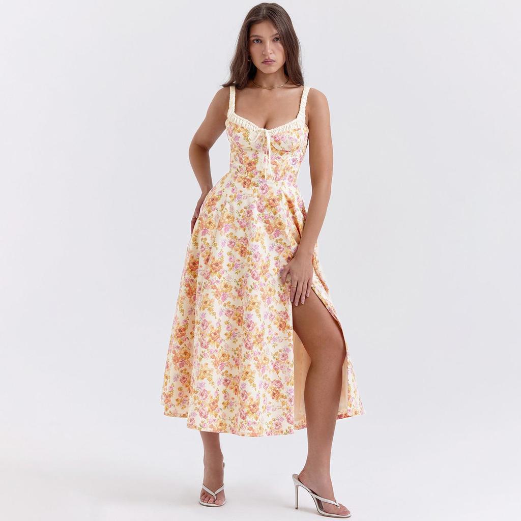 Женское платье длиной до щиколотки с открытой спиной и принтом на тонких бретельках с v-образным вырезом и высокой талией