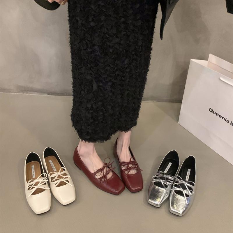 Сладкие туфли Мэри Джейн с двойным бантом для женщин, Новые 2024, с квадратным носком, на плоской подошве для платья, Женские красные туфли с мягкой подошвой, Zapatos