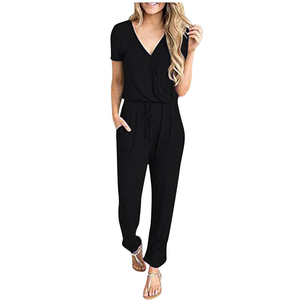 Women’s Sexy Deep V-Neck Short Sleeve Wrap Drawstring Waist Jumpsuit Romper With Pockets