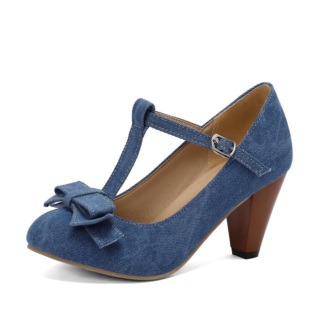 Fashion 2025 Spring Summer Girls High Heel Shoes Denim Pumps T-Buckle Fashion Women's Spike Heels High Heels for Office Party Banquet
