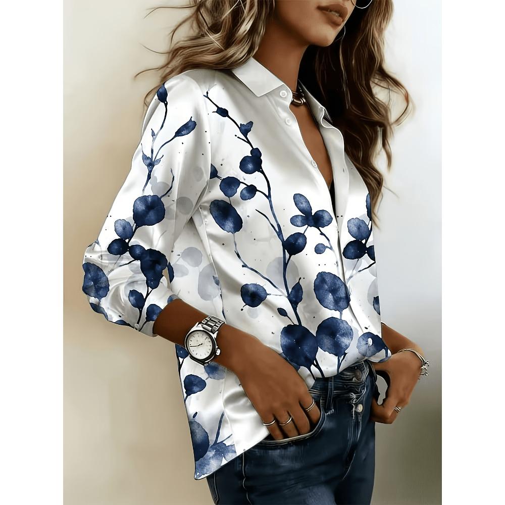 Ladies Blue Leaf Printed Casual Shirt, Long Sleeve Button Top, Elegant Ladies Shirt
