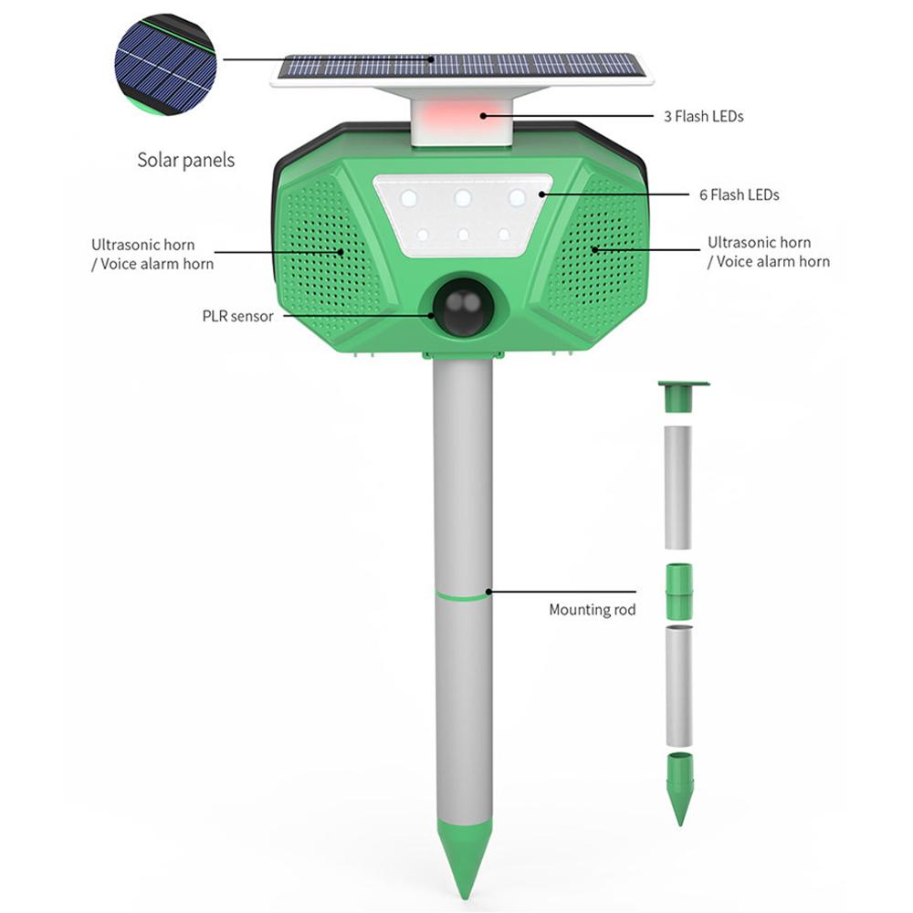 Solar Mole Repellent Ultrasonic Outdoor Pest Bird Squirrel Animal Repeller IP66 Waterproof 110 Degrees PIR
