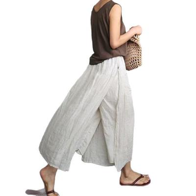 Весна Лето Женский Новый Большой Размер Пэчворк Имитация Двойки Цельный Брюки-Юбка Хлопок Лен Разрез Повседневные Брюки Широкие Девять Девятых