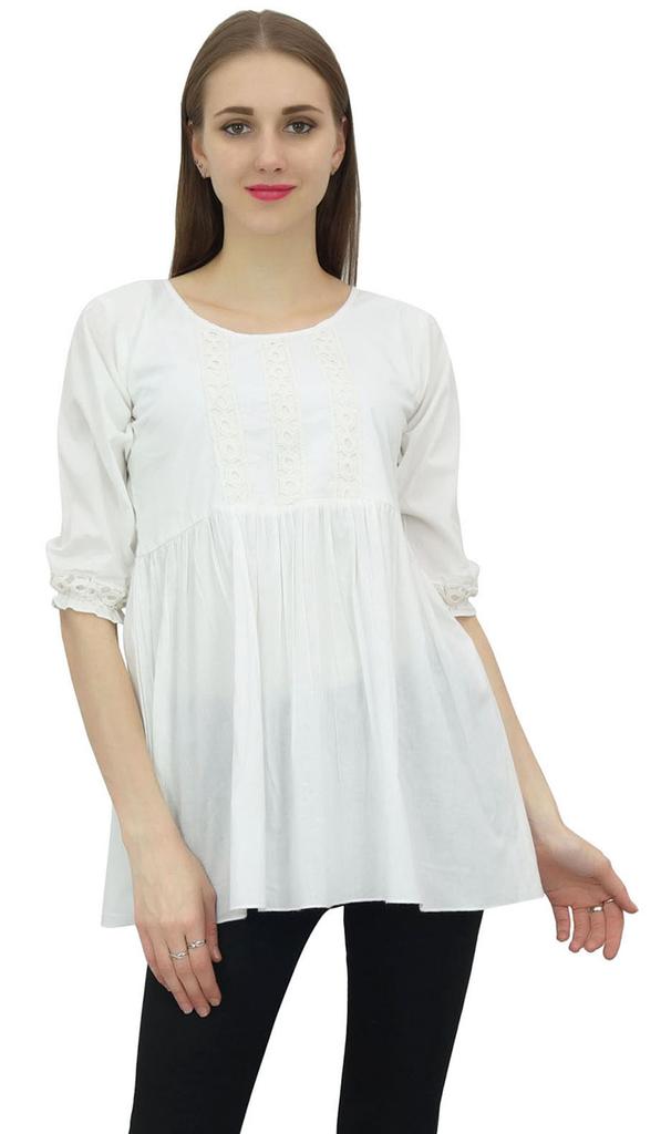Bimba Женская летняя повседневная белая туника в стиле бохо с кружевом, рукав 34, хлопок