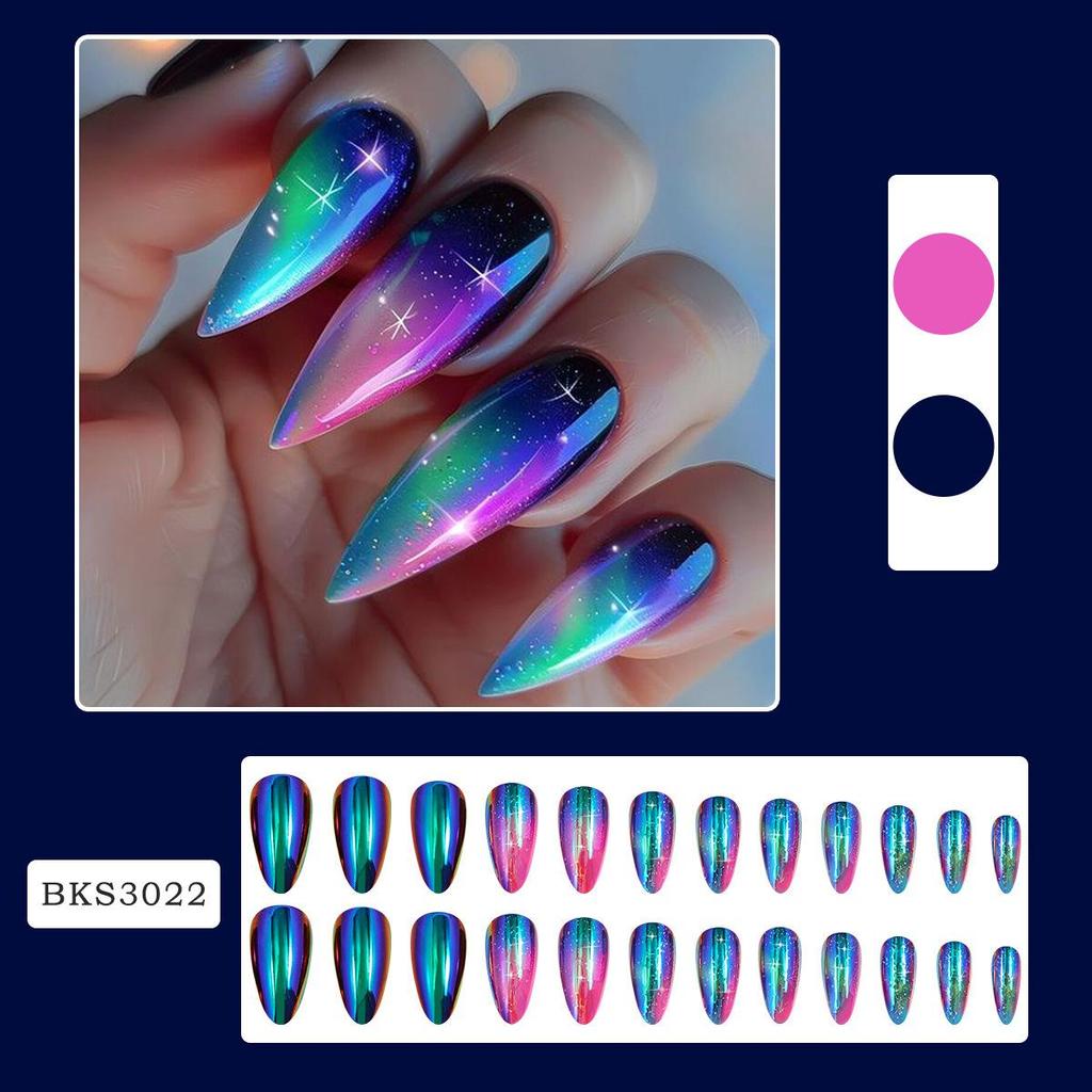 24pcs False Nails Blue Gradient Design Fake Nails Art Full Coverage Waterproof Removable Artificial Press On Nails
