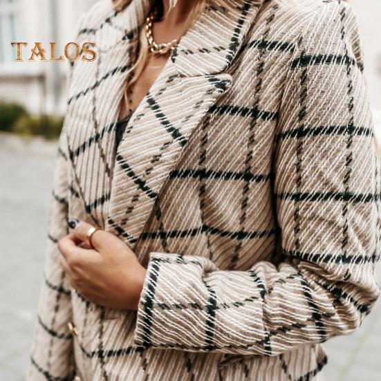 Зимнее осеннее женское пальто с отложным воротником, клетчатый принт, двубортное, с длинными рукавами, плотная куртка средней длины для свиданий, поездок на работу, офиса