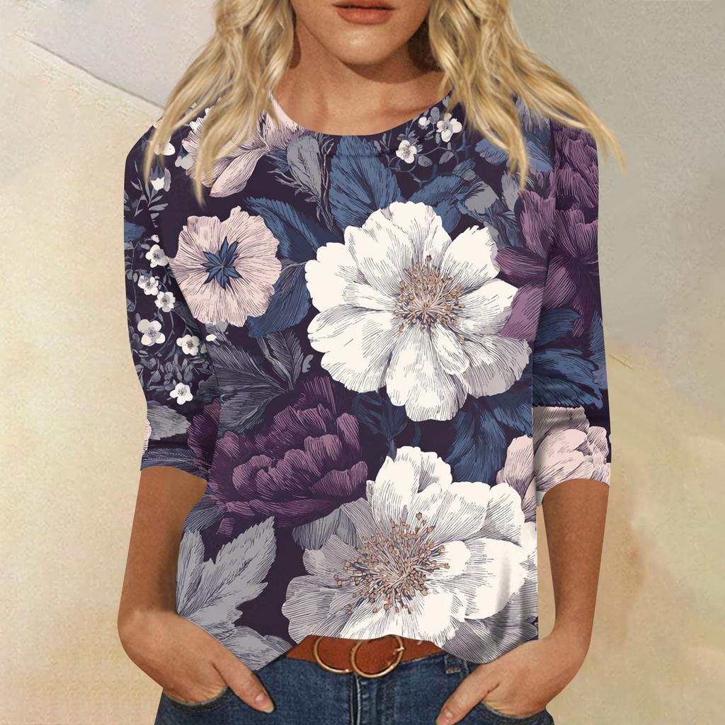 Women's Fashion Casual Round Neck Three-quarter Sleeve Retro Floral Print T-shirt Top