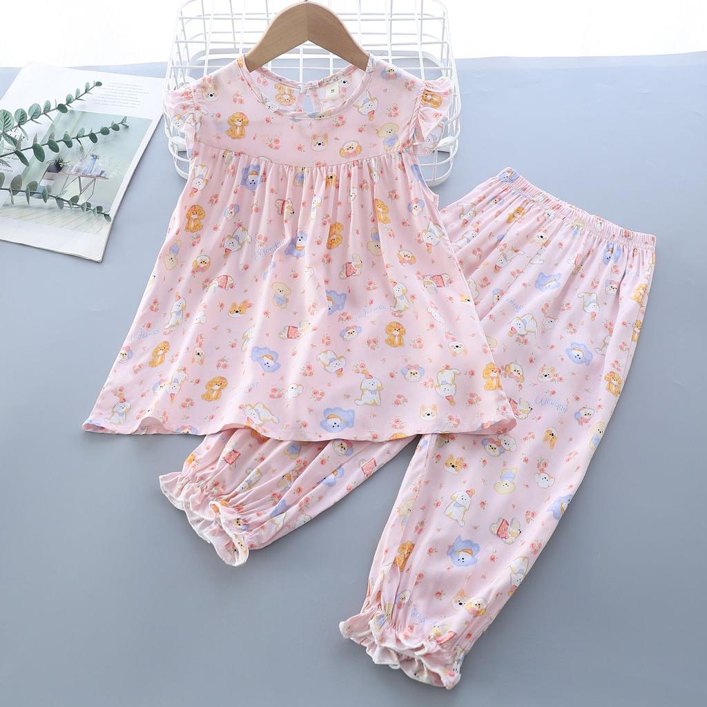 Girls' Summer Flying Sleeve Seven Part Pants Set Children's Two-piece Set Baby Pajamas