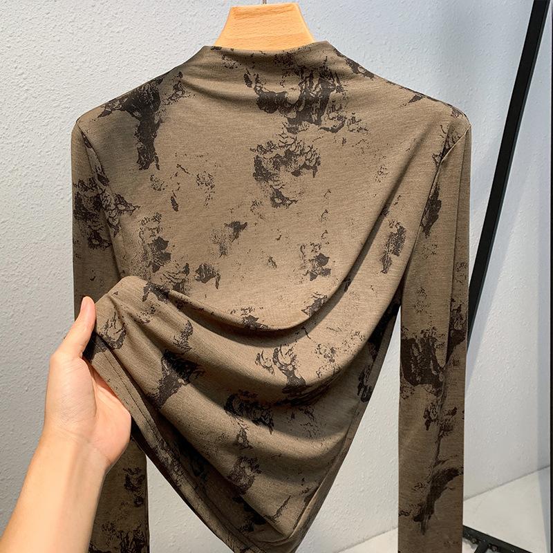 Women's Autumn and Winter Half High Neck Bottom Retro Printed Top