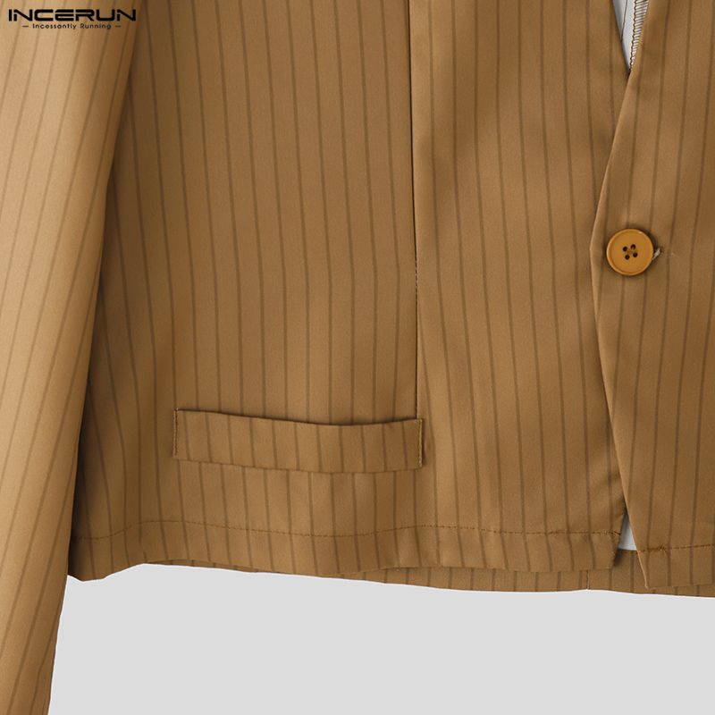 INCERUN Men Striped Sets Cutout Cropped Tops and Long Pants Trousers Casual Suits