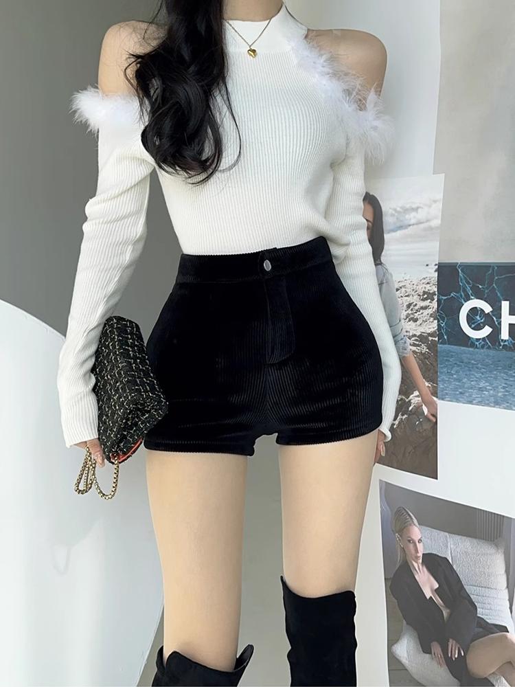 Черные шорты, женские осенне-зимние модные обтягивающие вельветовые брюки с высокой талией Y2k, женские повседневные брюки