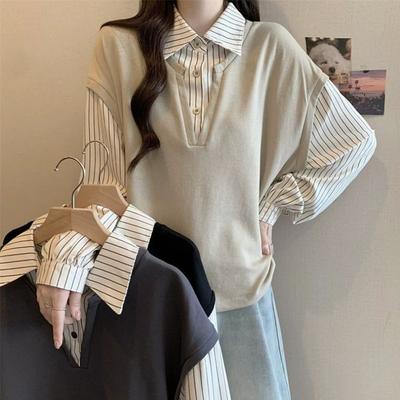 Женский жилет с эффектом двухслойности, в стиле ленивого минимализма, свободного кроя, с отложным воротником, полосатая рубашка, осенние универсальные женские топы