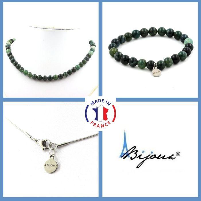 Pierres et Minéraux. Parure bijoux Bracelet Collier perles Agate mousse 8 mm. Chaine en Taille personnalisable.