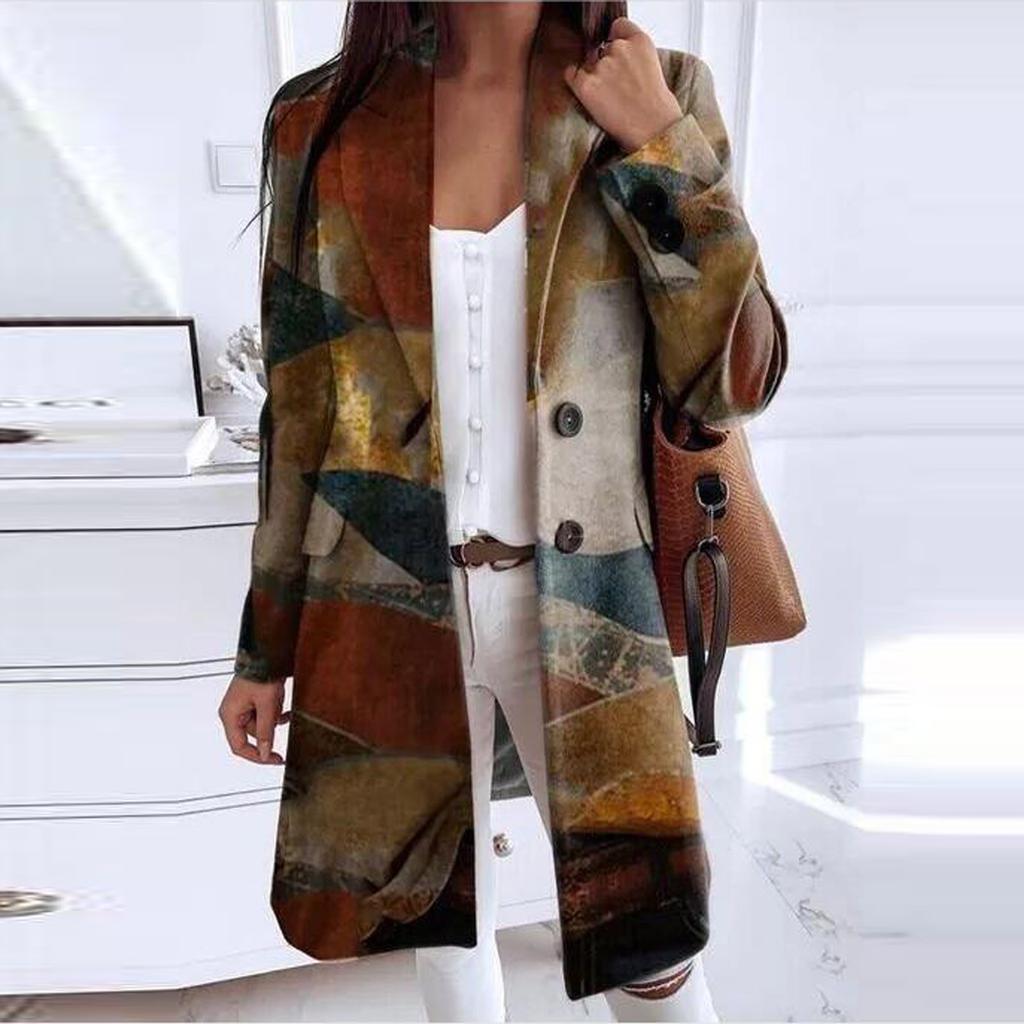 Женская модная свободная шерстяная куртка средней длины на пуговицах с лацканами и принтом