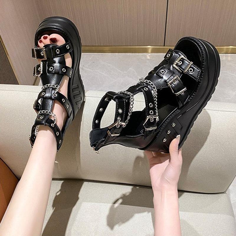 Модные 10 см танкетки Высокие каблуки Женские сандалии Увеличивающие рост Туфли с открытым носком Летние Готические Сандалии на платформе с пряжкой Женские Крутые ботинки