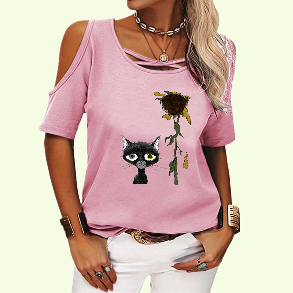 Женская модная футболка с открытыми плечами, женская повседневная футболка с круглым воротником, летний принт, короткий рукав, футболка