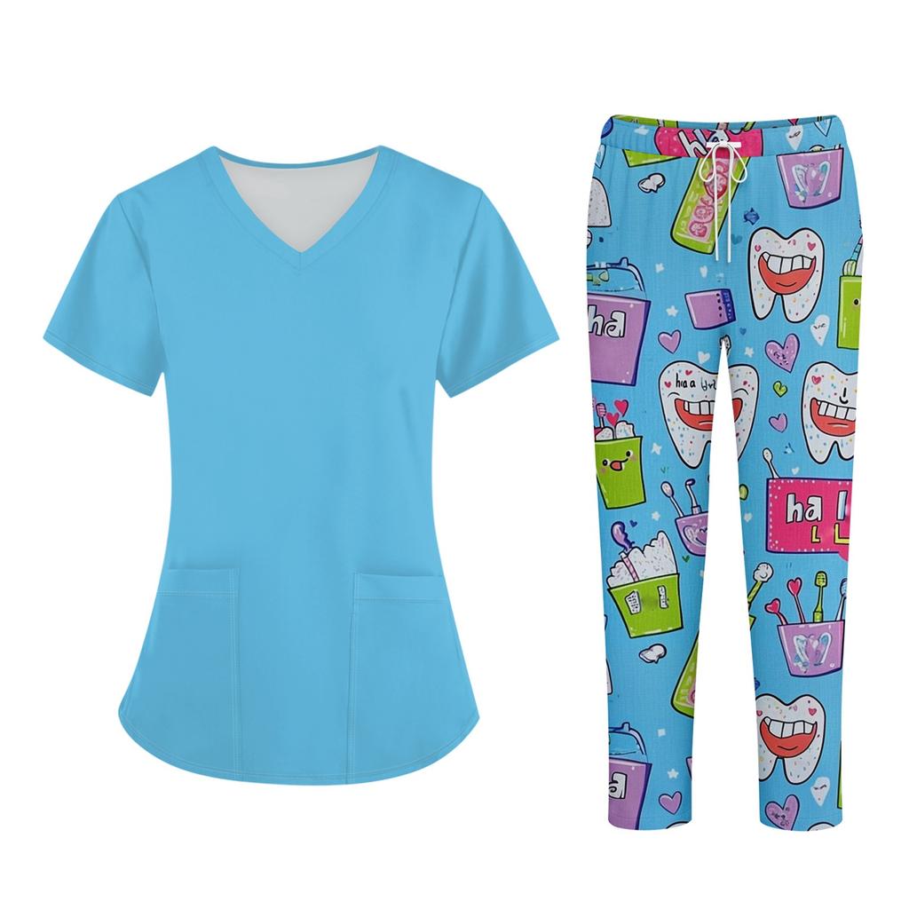 Плюс размерСкраб с принтом Рабочая форма Топы для женщин Крест V-образным вырезом Хэллоуин Принт с короткими рукавами Забавные футболки Спецодежда Футболка с карманами