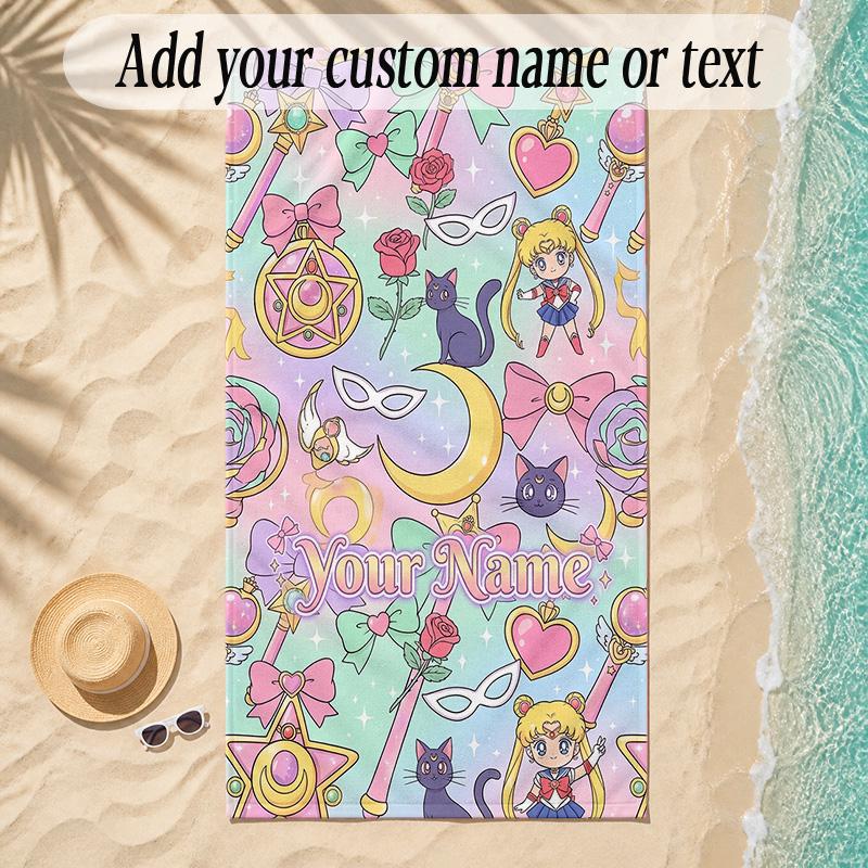 Beach TowelSailor Moon Custom Name Text Personalized Soft Towel for Beach Pool Indoor Home Decor Gift