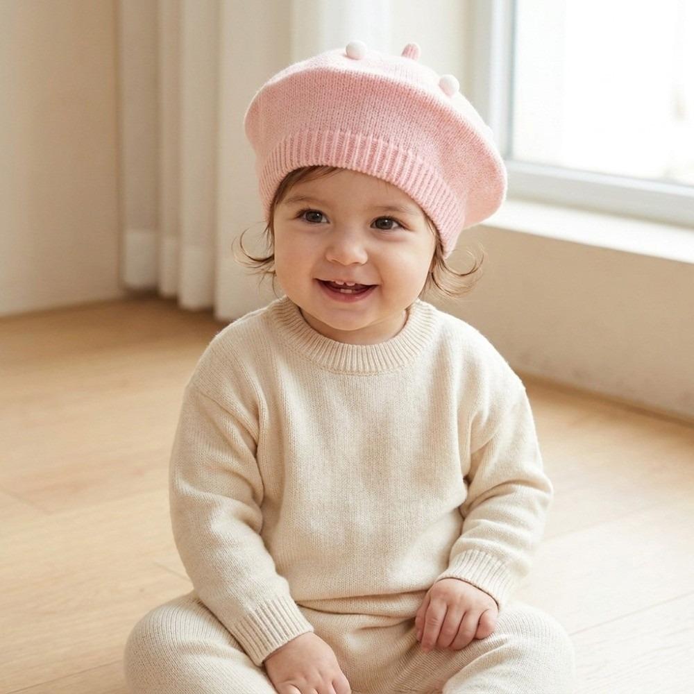 Warm Kids Knitted Beret Hat Soft Painter Cap Cozy Pom Pom Beanie Baby