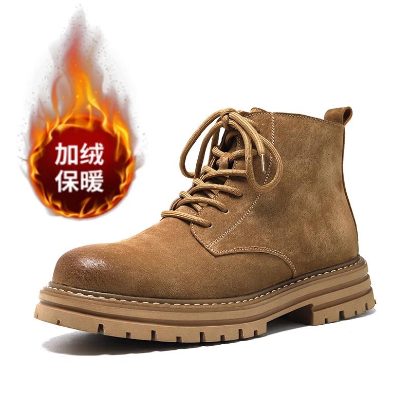 2024 Осень и зима Верхний слой коровьей кожи Высокие сапоги Мужские сапоги Короткие сапоги в английском стиле Натуральная кожа Плюшевые желтые сапоги