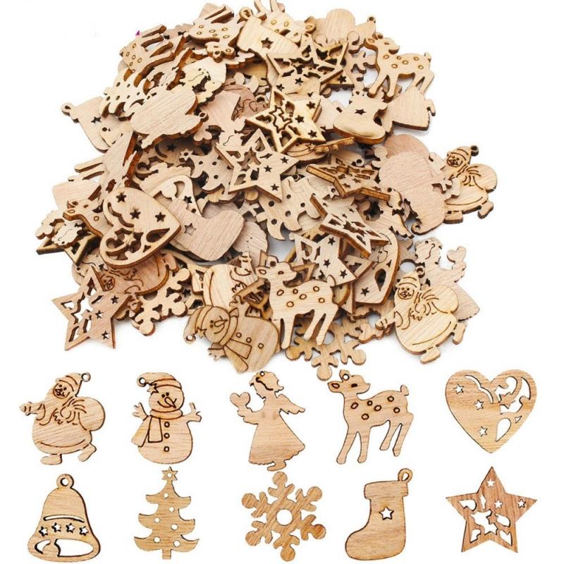 100Pcs/Set Christmas Decorations Environmental Protection Natural Retro Color Cartoon Wood Chips
