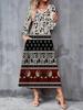 2025 Осень и Зима Новое Женское Повседневное Модное Платье 3D Ретро Принт Тотем Длинный Рукав V-образный Вырез А-силуэт Платья